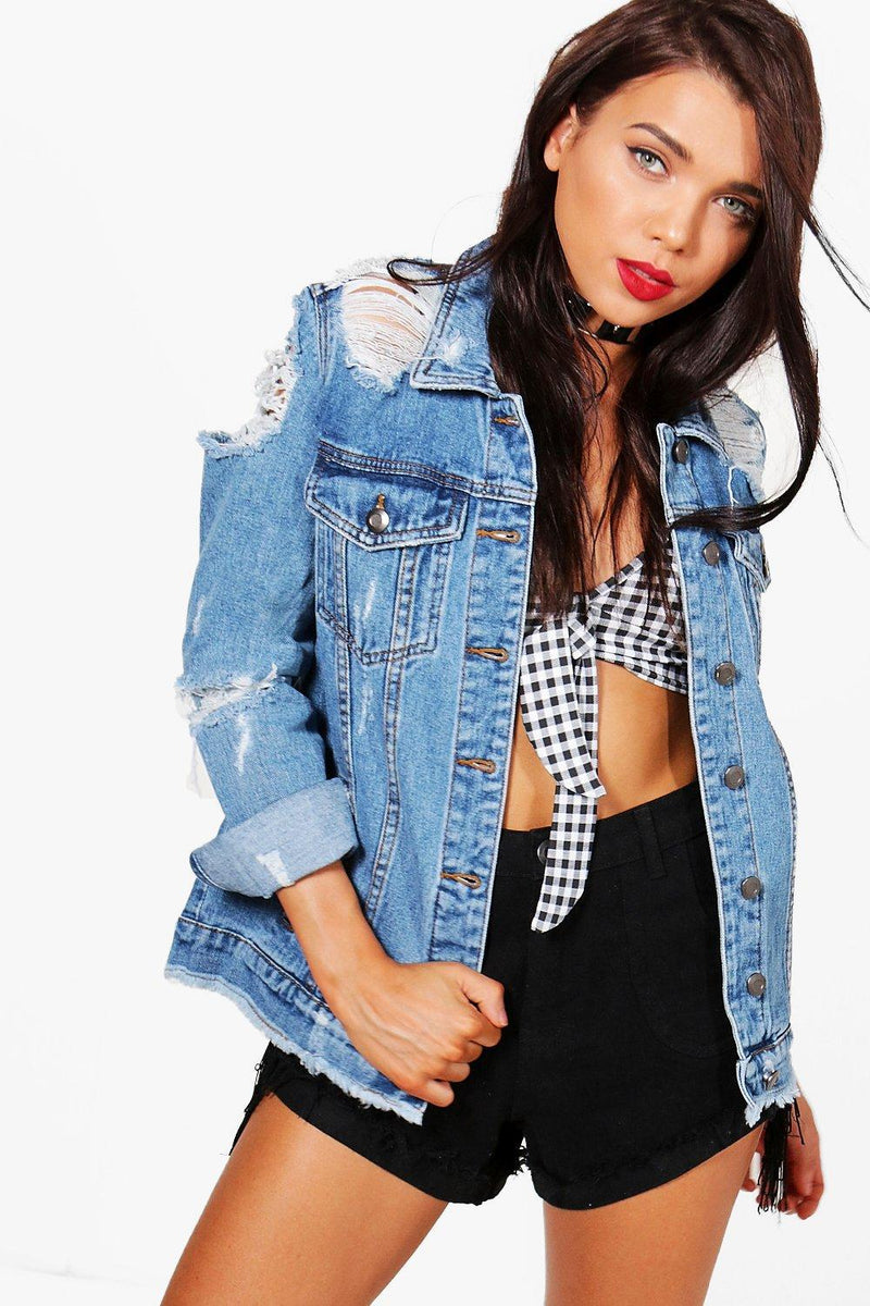 Long sleeve denim jacket with big holes