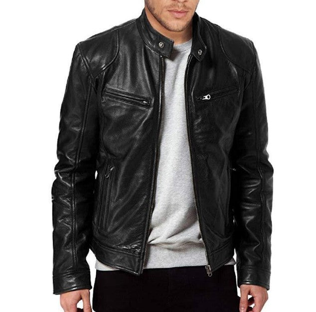 PU Leather Jacket with Zip Cardigan Pockets