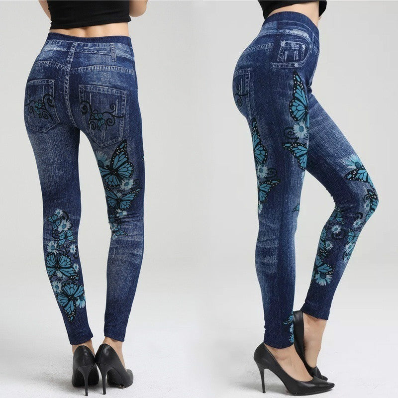 Knitted denim print leggings