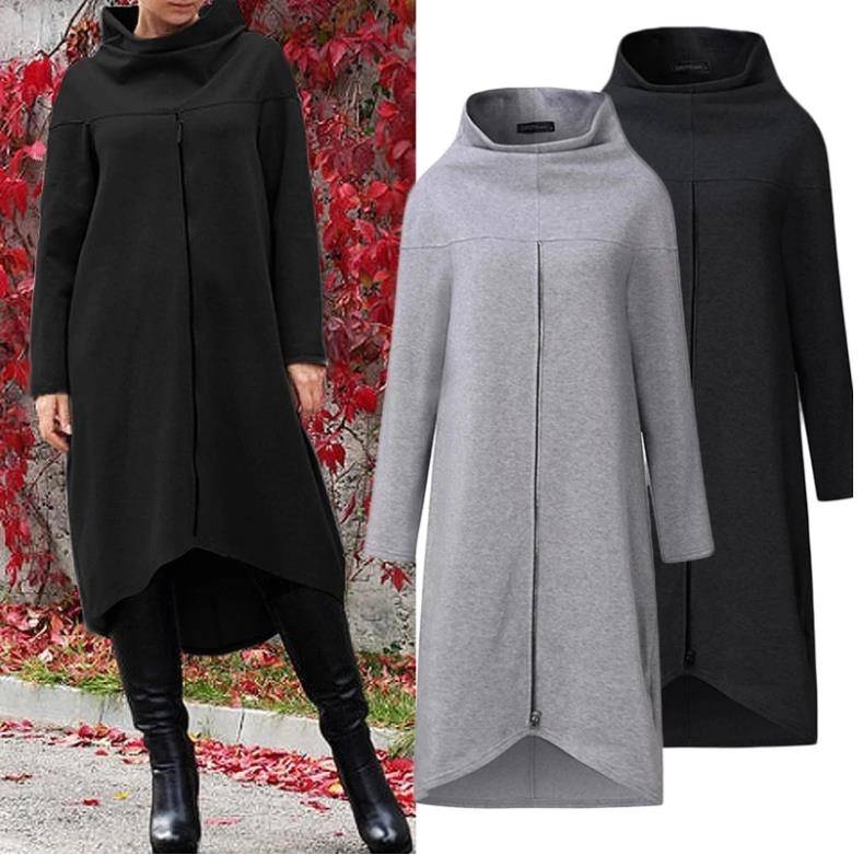 Solid color zipper long sleeve stand collar sweater dress