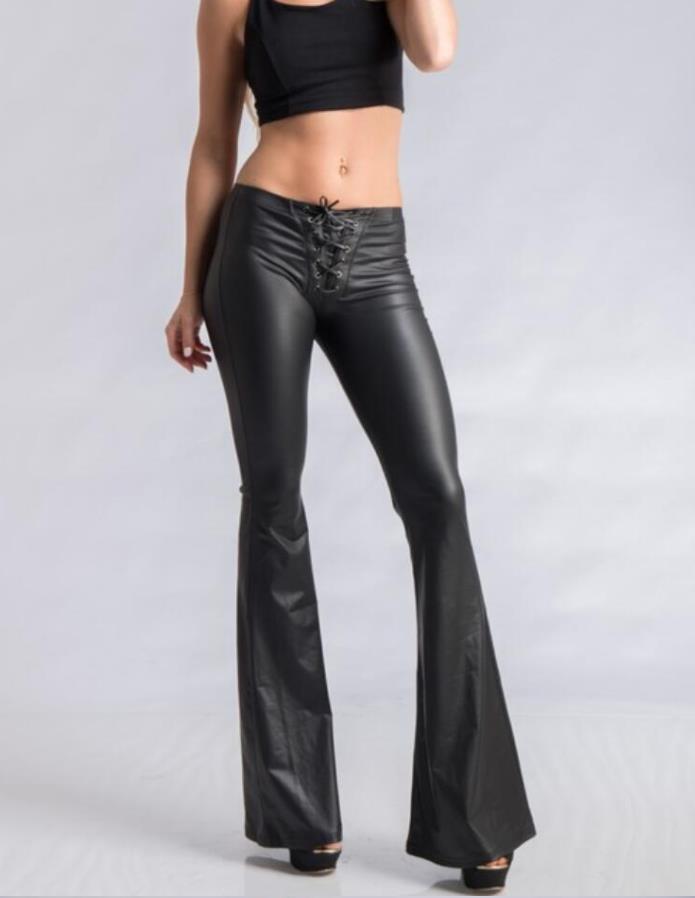 Lace-up Leather Stretch Leggings Flare pants Female