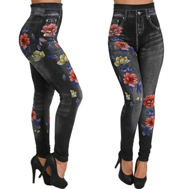 Knitted denim print leggings