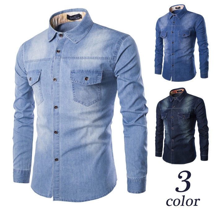 Plus Size Nen's Denim Shirt Chest Double Pocket Slim Long Sleeve Shirt