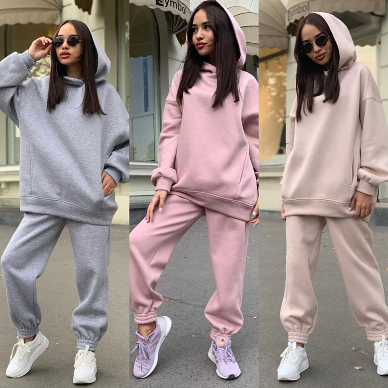 Fashion solid color Hoodie casual two piece set