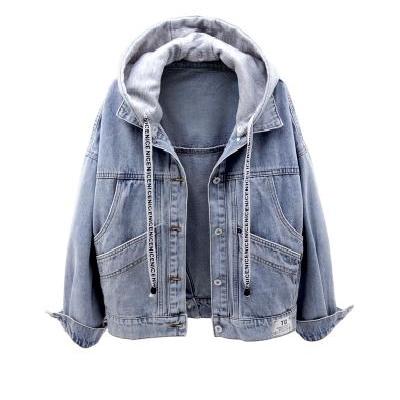 Denim Jacket Women's loose long sleeve Hooded Jacket Multi Pocket top