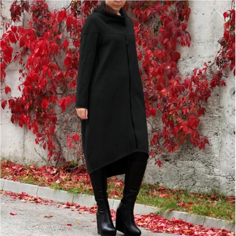 Solid color zipper long sleeve stand collar sweater dress