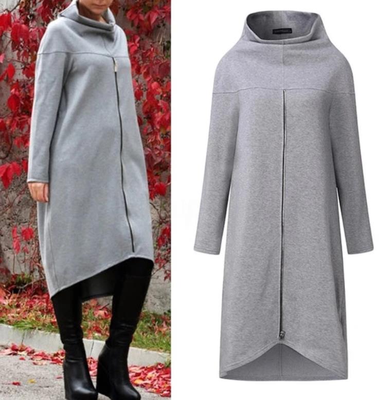 Solid color zipper long sleeve stand collar sweater dress