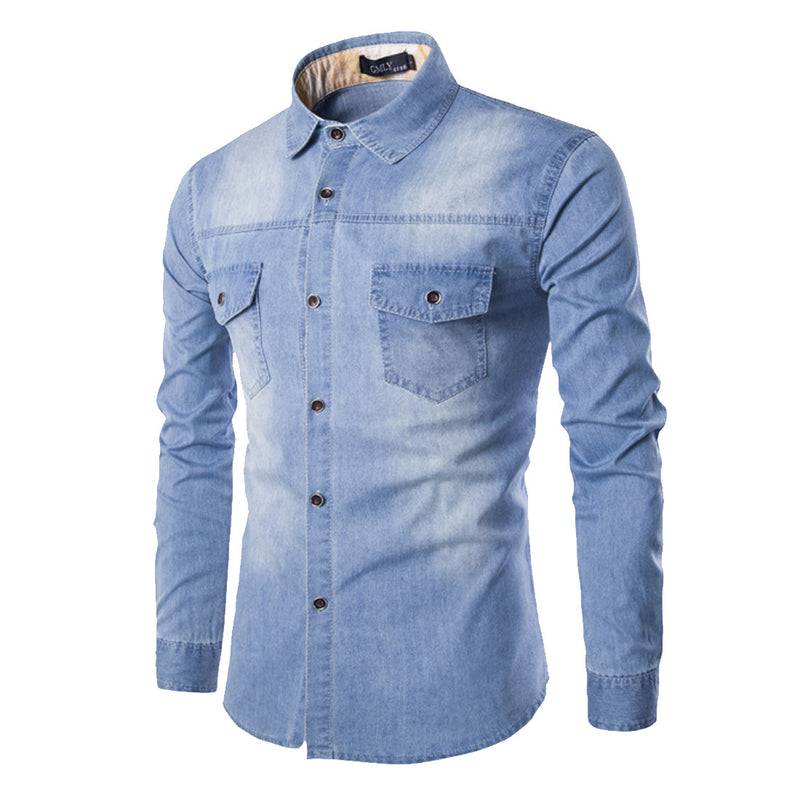 Plus Size Nen's Denim Shirt Chest Double Pocket Slim Long Sleeve Shirt