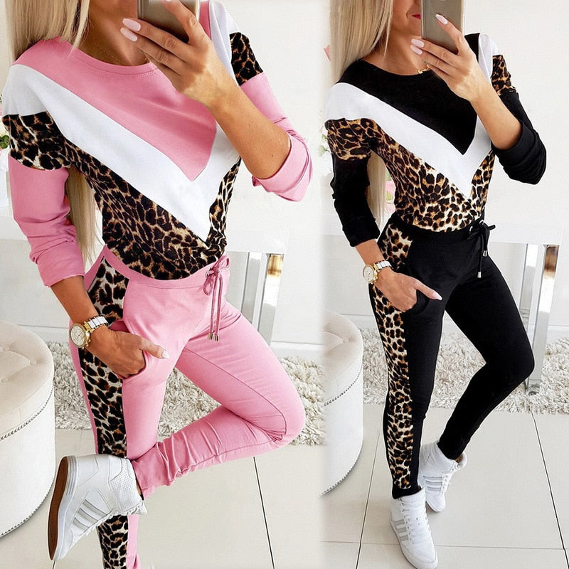 Leopard print color block sweater suit