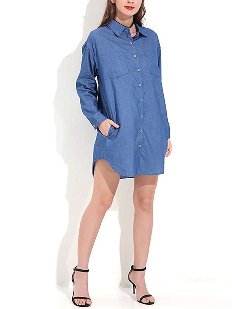 Long Sleeve Turn-down Collar Denim Mini Dress Casual Shirts