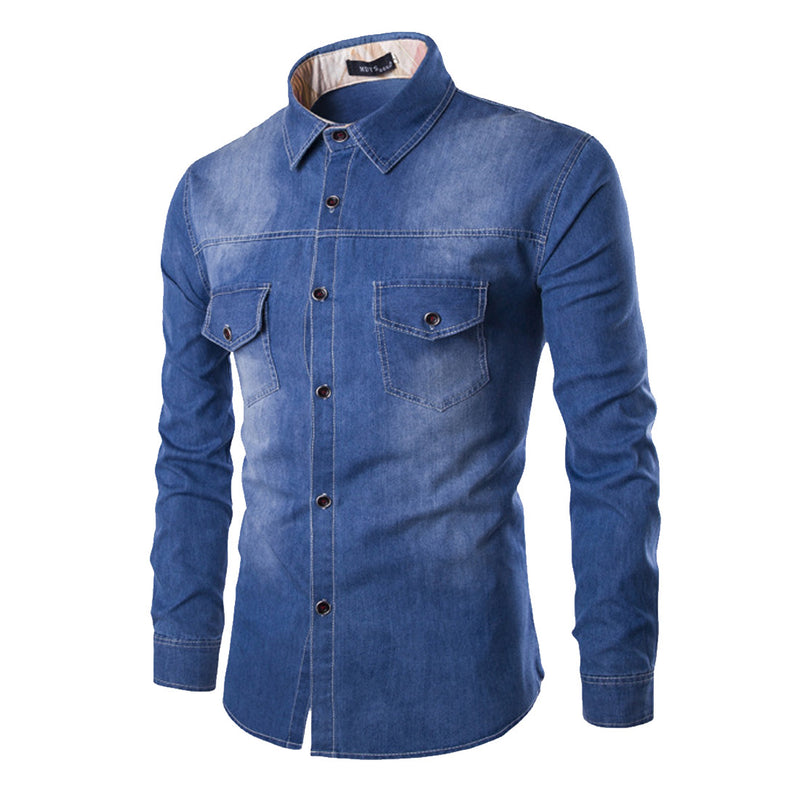 Plus Size Nen's Denim Shirt Chest Double Pocket Slim Long Sleeve Shirt