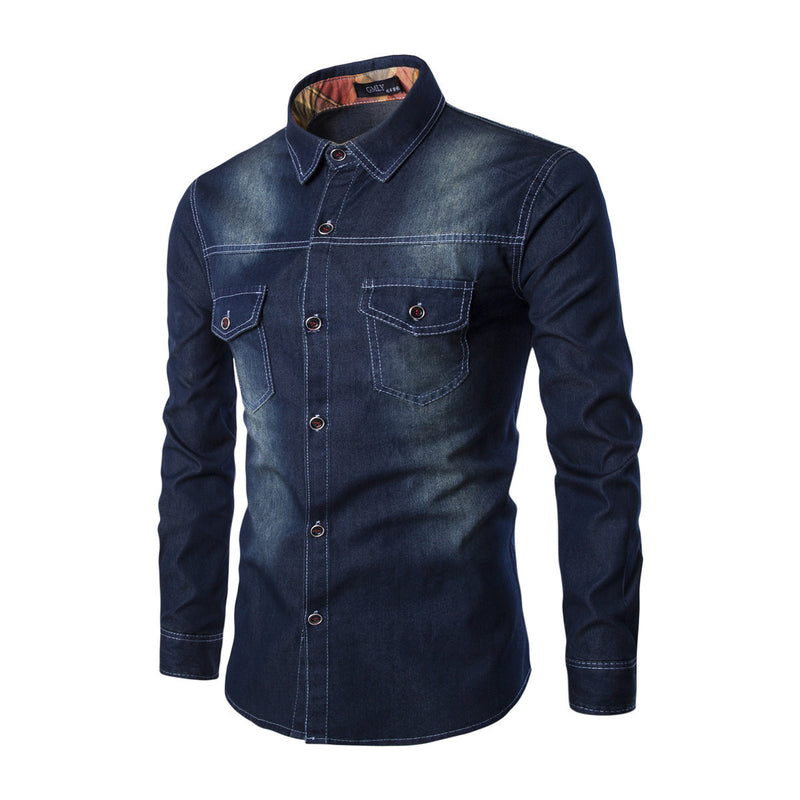 Plus Size Nen's Denim Shirt Chest Double Pocket Slim Long Sleeve Shirt