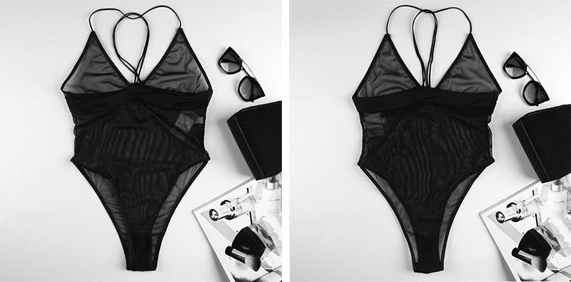 Laceshop New Fashion Women Solid Black Spaghetti Straps Soft Hight Leg Black Sexy Lace bralette Backless bodysuit