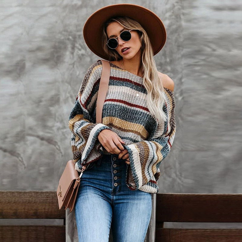 Striped long sleeve loose round neck pullover sweater women