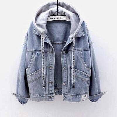 Denim Jacket Women's loose long sleeve Hooded Jacket Multi Pocket top