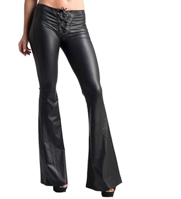 Lace-up Leather Stretch Leggings Flare pants Female