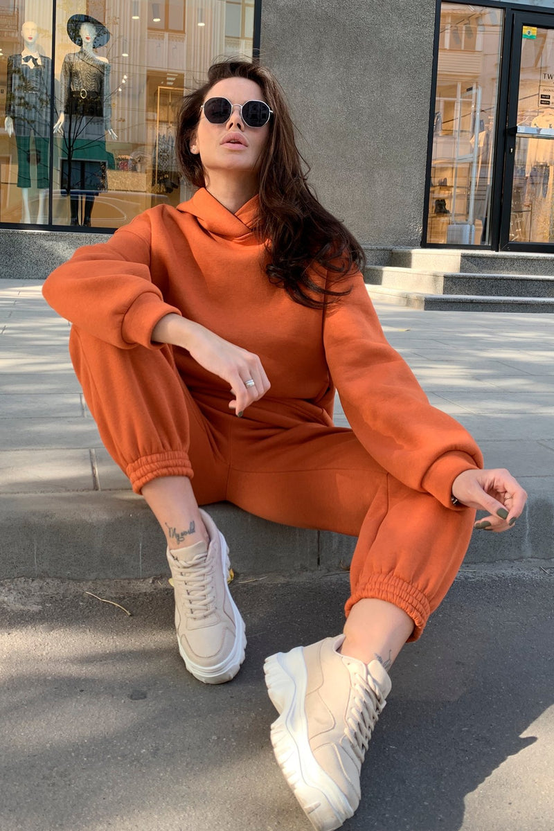 Fashion solid color Hoodie casual two piece set