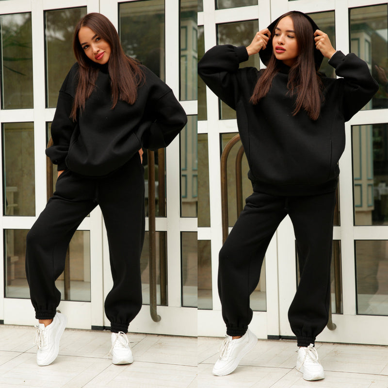 Fashion solid color Hoodie casual two piece set