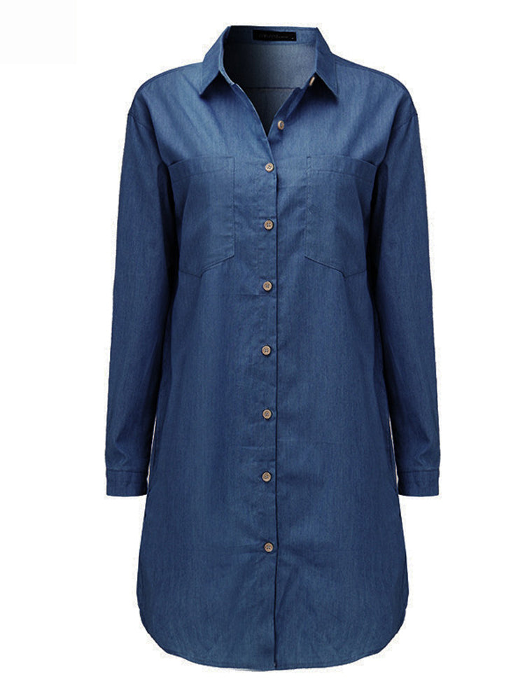 Long Sleeve Turn-down Collar Denim Mini Dress Casual Shirts