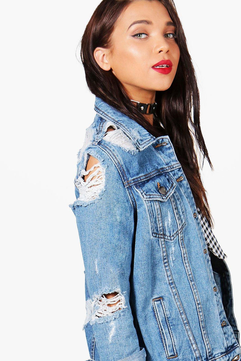 Long sleeve denim jacket with big holes