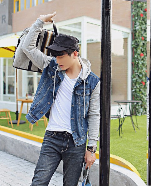 Men's Denim Jacket with Detachable Hood Sportswear Outdoors Casual Coat