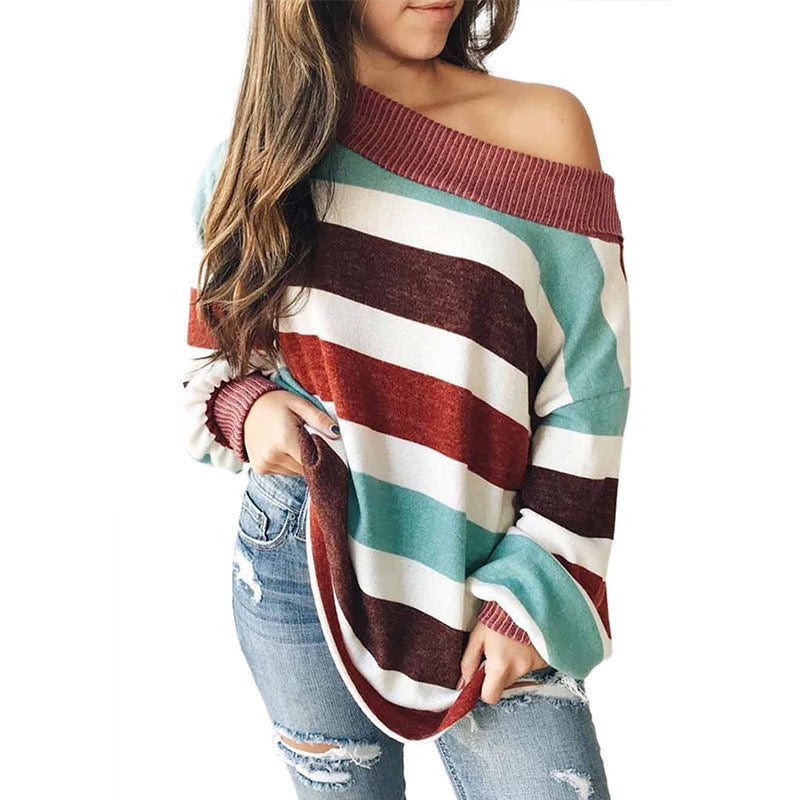 Striped round neck thread stitching women's sweater