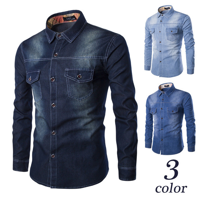 Plus Size Nen's Denim Shirt Chest Double Pocket Slim Long Sleeve Shirt