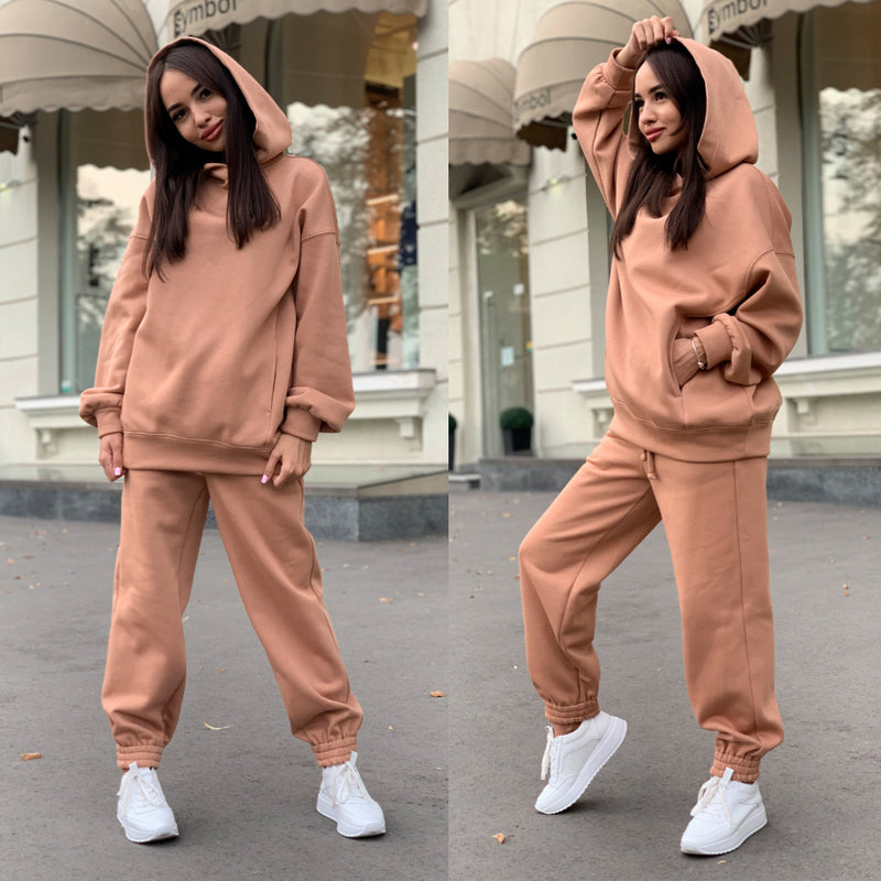 Fashion solid color Hoodie casual two piece set