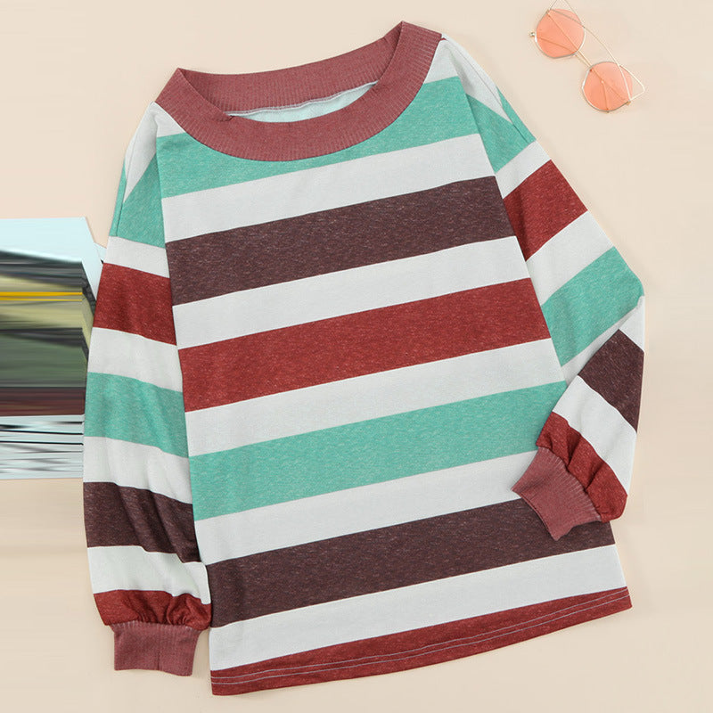 Striped round neck thread stitching women's sweater