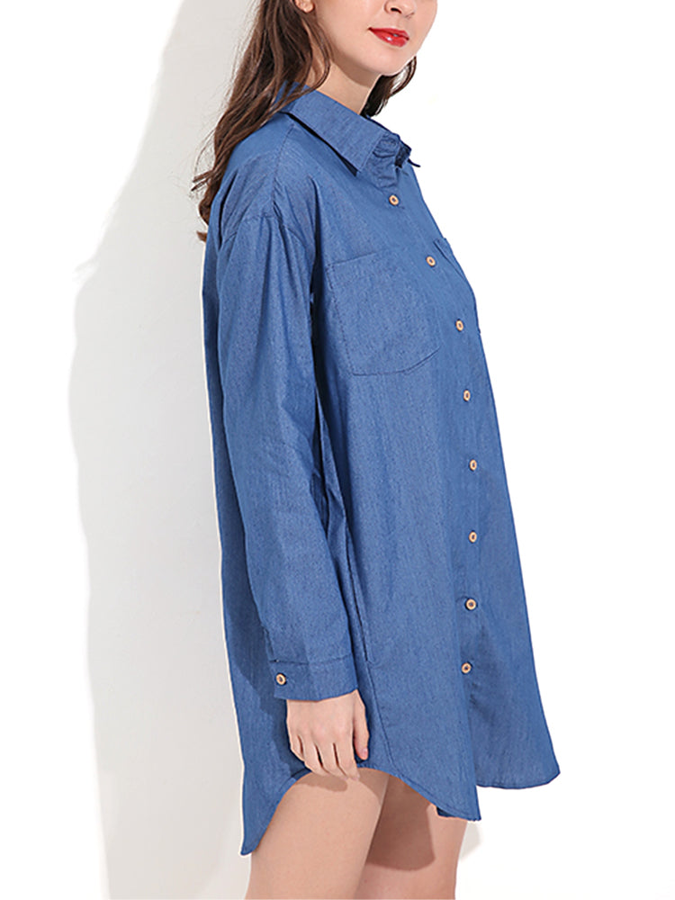 Long Sleeve Turn-down Collar Denim Mini Dress Casual Shirts