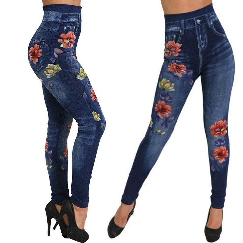 Knitted denim print leggings