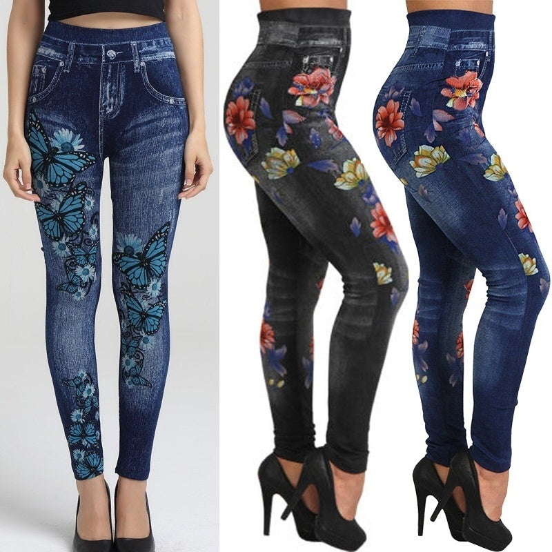 Knitted denim print leggings