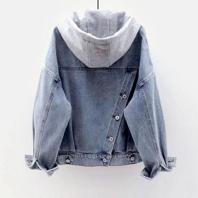 Denim Jacket Women's loose long sleeve Hooded Jacket Multi Pocket top