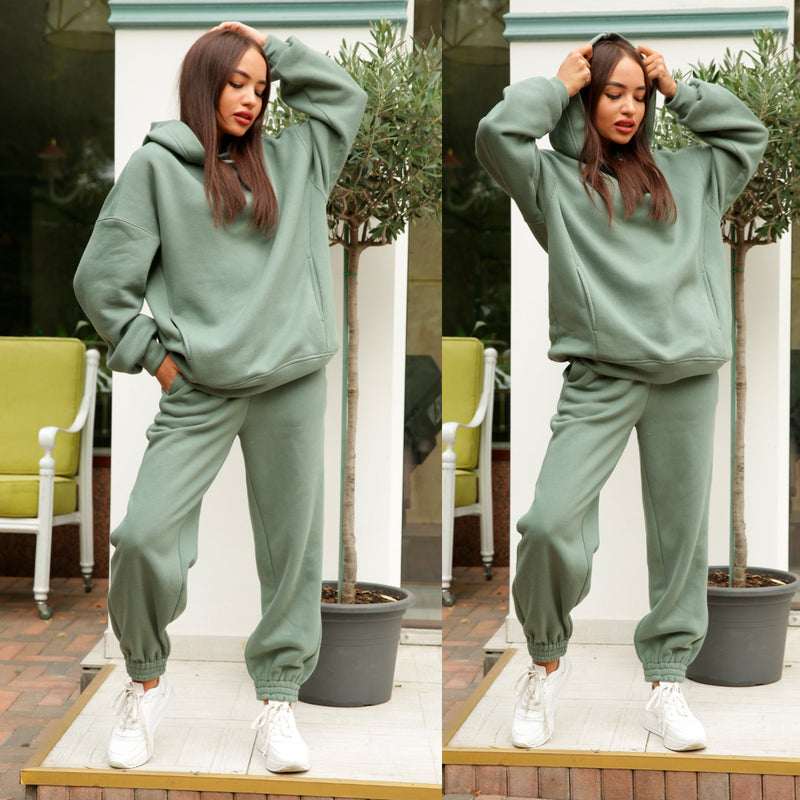 Fashion solid color Hoodie casual two piece set