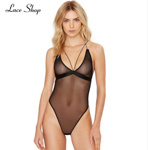 Laceshop New Fashion Women Solid Black Spaghetti Straps Soft Hight Leg Black Sexy Lace bralette Backless bodysuit