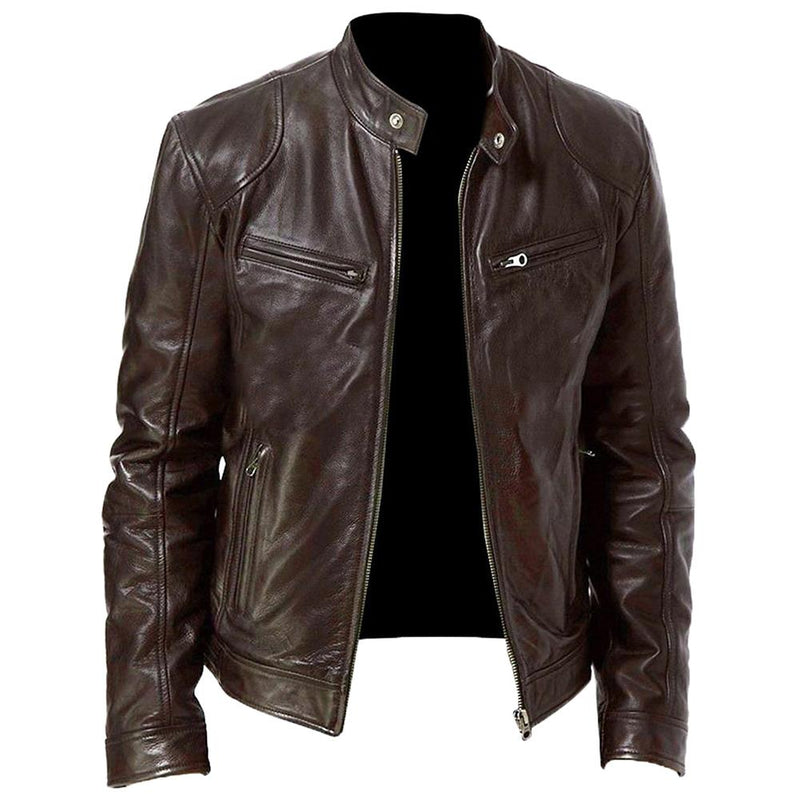 PU Leather Jacket with Zip Cardigan Pockets