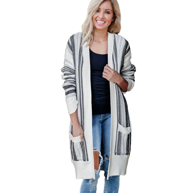 Loose striped knit women's cardigan mid-length coat