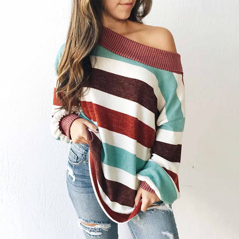 Striped round neck thread stitching women's sweater