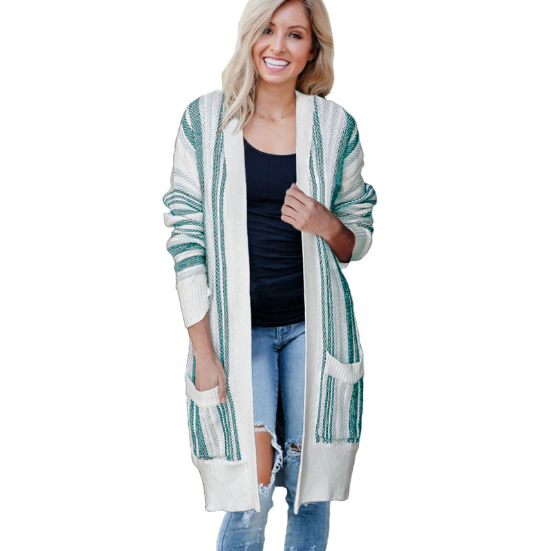 Loose striped knit women's cardigan mid-length coat