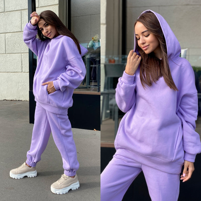 Fashion solid color Hoodie casual two piece set