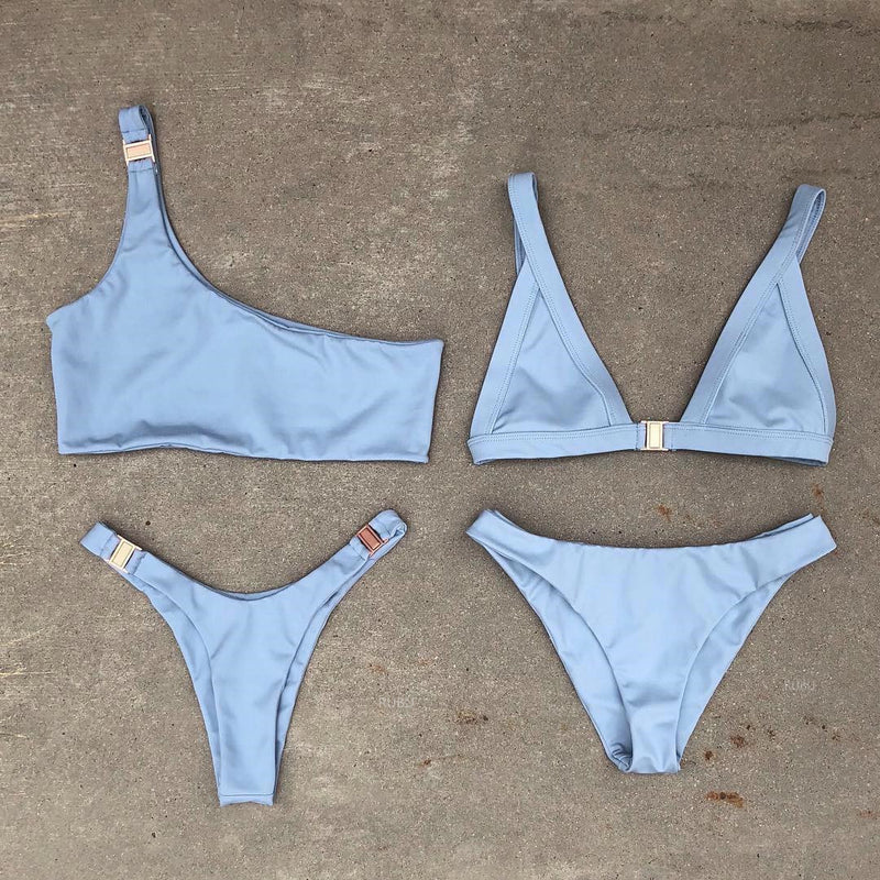 Solid color buckle bikini