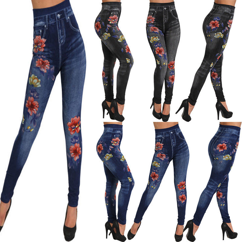 Knitted denim print leggings