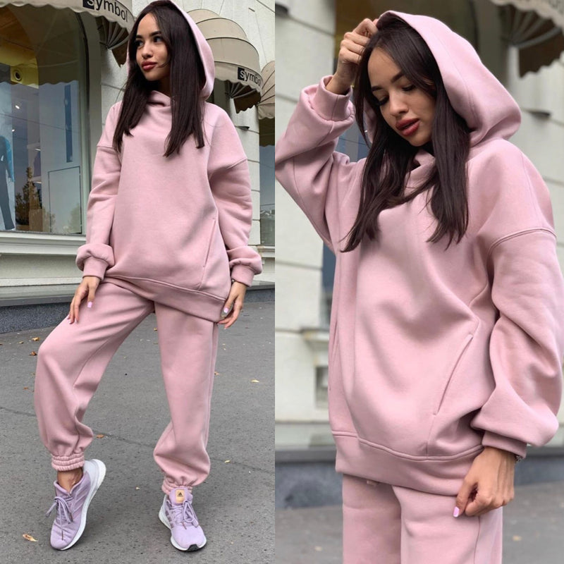 Fashion solid color Hoodie casual two piece set