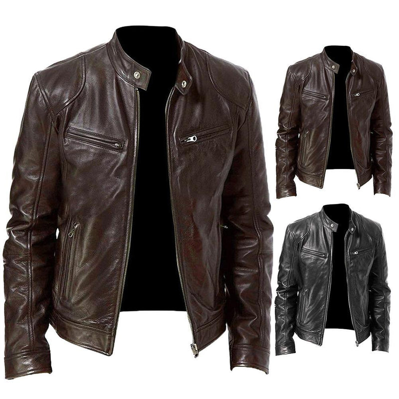 PU Leather Jacket with Zip Cardigan Pockets