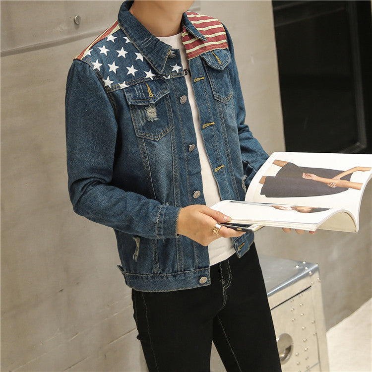 New men's denim jacket with holes for young men