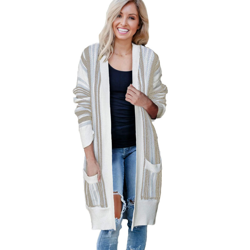 Loose striped knit women's cardigan mid-length coat