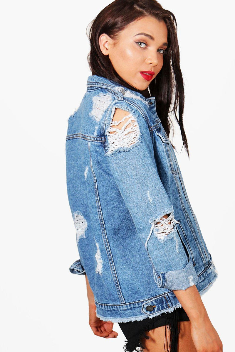 Long sleeve denim jacket with big holes