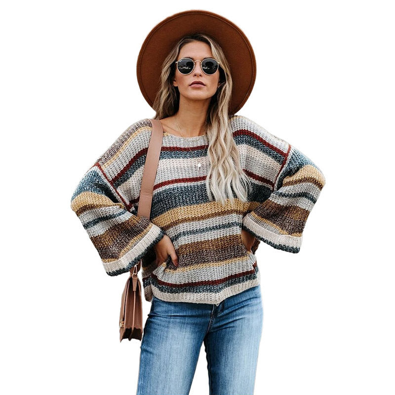 Striped long sleeve loose round neck pullover sweater women