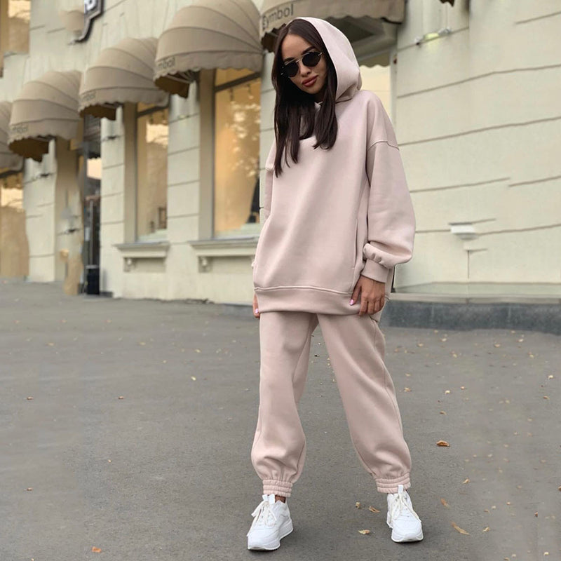 Fashion solid color Hoodie casual two piece set