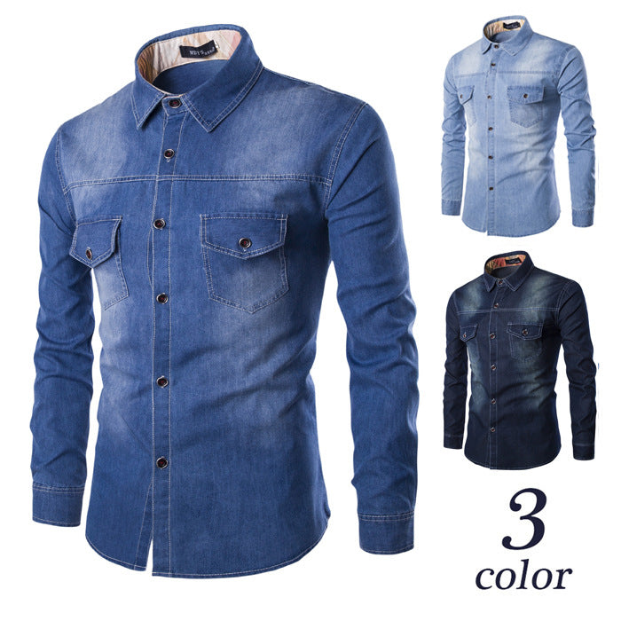 Plus Size Nen's Denim Shirt Chest Double Pocket Slim Long Sleeve Shirt